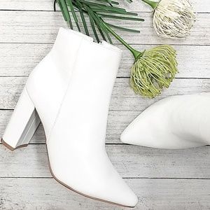 New White Chunky Heel Point Toe Booties Boots